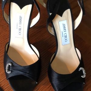 Jimmy Choo Sandal Black Satin Strap And Crystals.